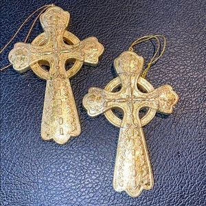 2 gold Celtic cross ornaments